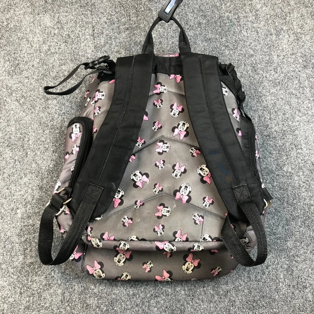Disney Minnie Mouse Diaper Bag Backpack Grey Pink Bow Print Multi Pocket